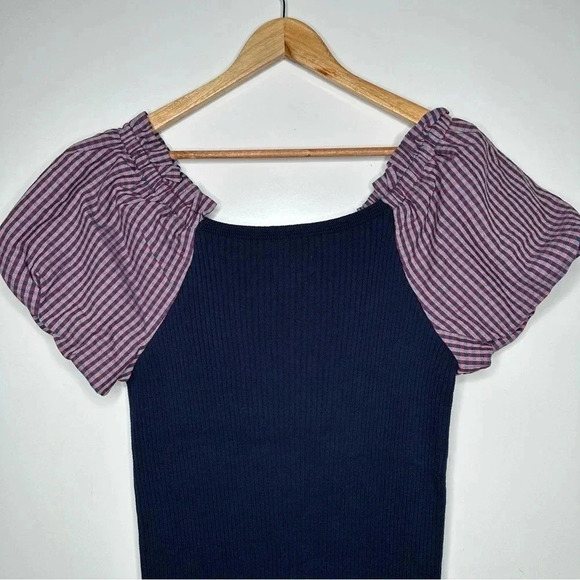 Maeve Anthropologie Navy Button Up Ribbed Knit Puff Sleeve Dress Size Large - Picture 8 of 10